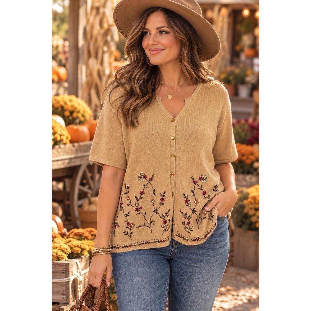 Kathie Lee Collection Tan Cardigan Floral Large Cottagecore Autumn Grandmacore